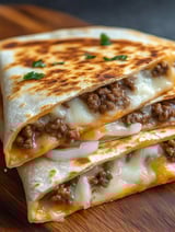 A stack of steak cheese quesadillas on a blackstone.
