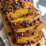 A slice of pumpkin chocolate chip bread.