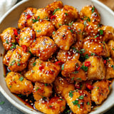 A bowl of honey garlic chicken bites.