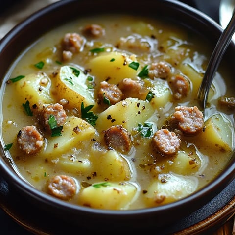 A bowl of soup with meat and potatoes.