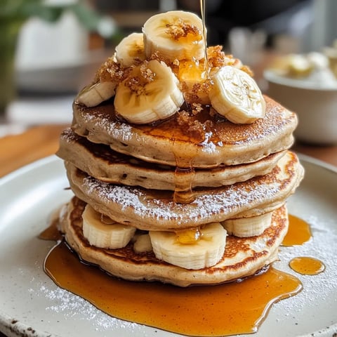 A stack of pancakes with bananas and syrup.