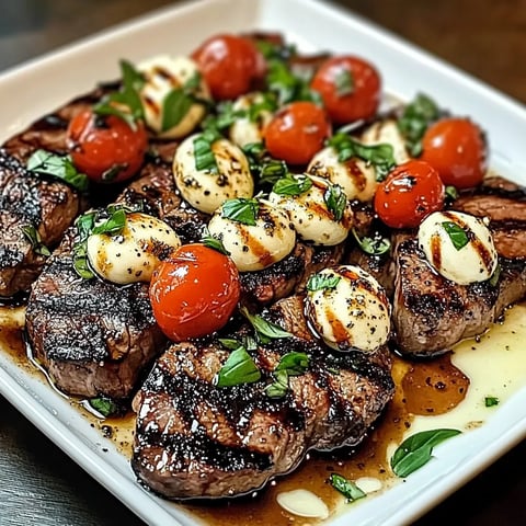 A plate of grilled steak with tomatoes and cheese.