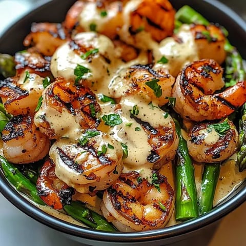 A bowl of grilled shrimp with asparagus and creamy garlic sauce.