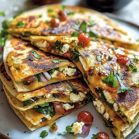 A plate of Mediterranean quesadillas with spinach, feta, mozzarella, and red onion.