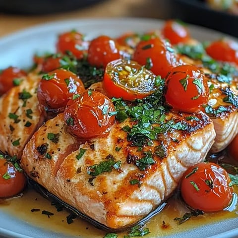A plate of grilled salmon with tomatoes and herbs.
