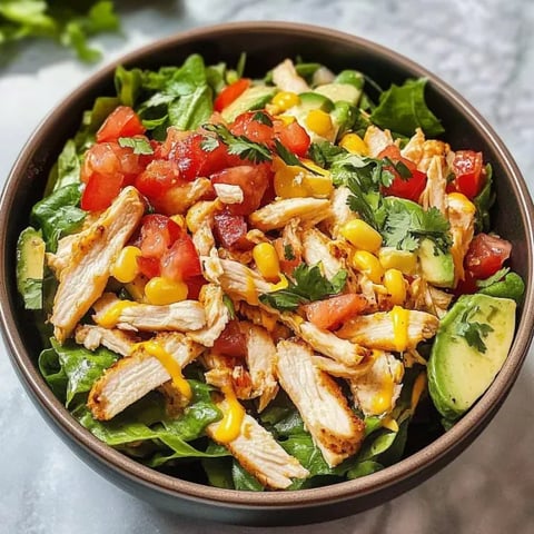 A bowl of chicken salad with tomatoes, corn, and lettuce.