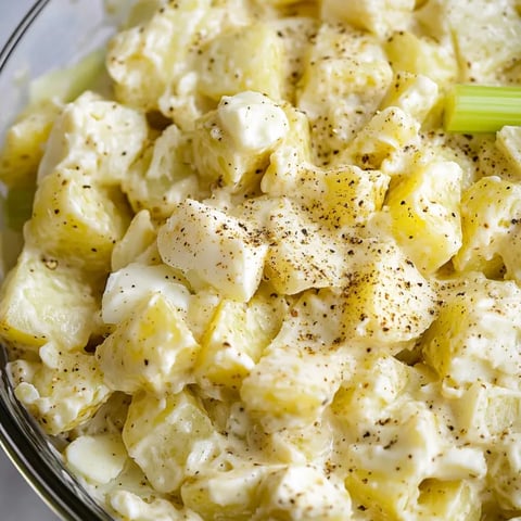 Glass bowl piled high with potato salad.
