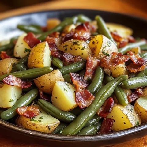 A plate stacked with green beans and bacon.