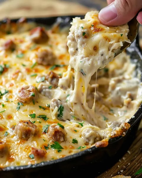 Someone scooping up boudin cheesy dip with their hand.