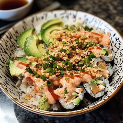 Un bol de sushi avec des avocats et des légumes croquants.