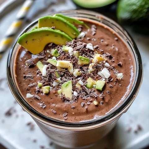 Glass of creamy chocolate avocado drink topped with lime.