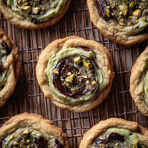 A baking sheet piled with chocolate chip cookies oozing pistachio cream.