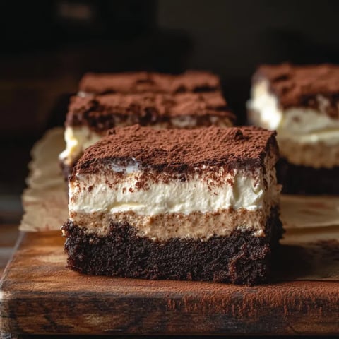 Zoomed in shot showing the layers and texture of tiramisu brownies for a few people.