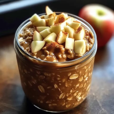 Chilled oats in a clear glass topped with apple chunks.