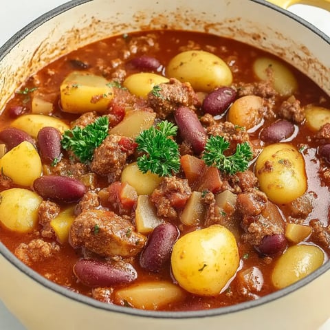 A bowl of cowboy stew with meat, potatoes, and beans.