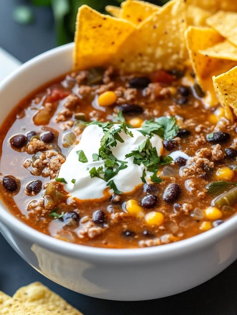 A bowl of ground beef taco soup with black beans.