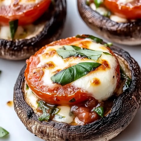 A close up of a stuffed mushroom with tomatoes and basil.
