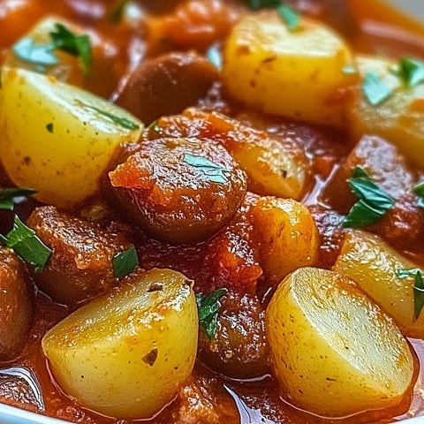 A bowl of chorizo stew with potatoes and peppers.