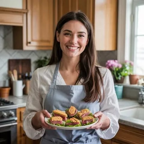 A woman in a blue apron holding a plate of food.