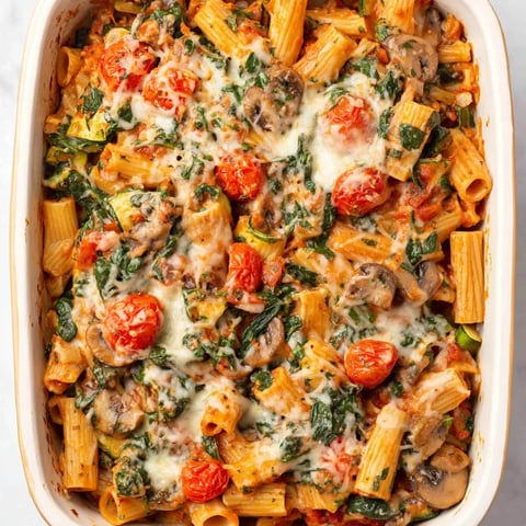 A dish of pasta with mushrooms and tomatoes.